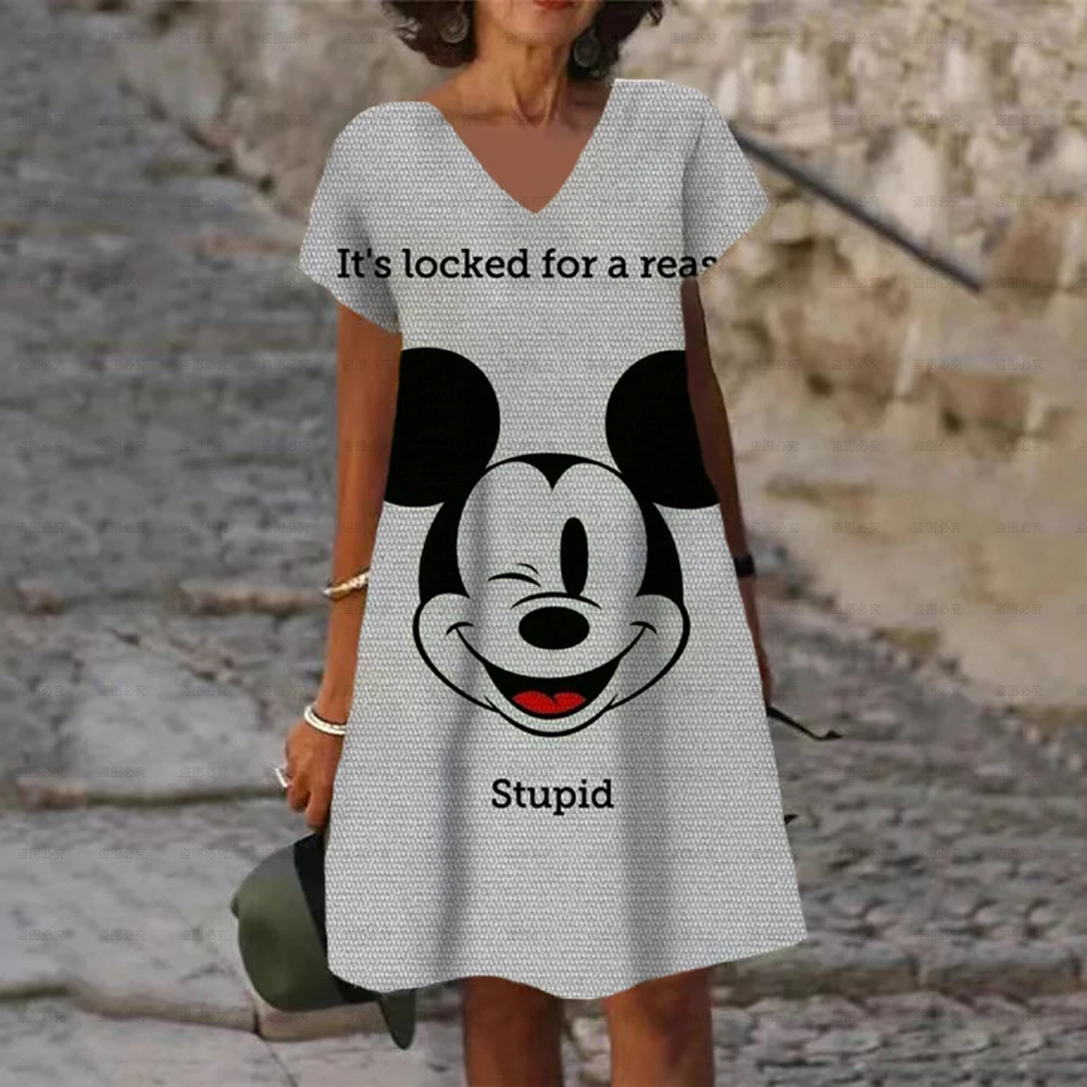 2025 Summer Elegant Women's Disney Minnie Mickey Mouse Printed Dress V Neck Female Short Sleeves Knee Length New Design Dress 5