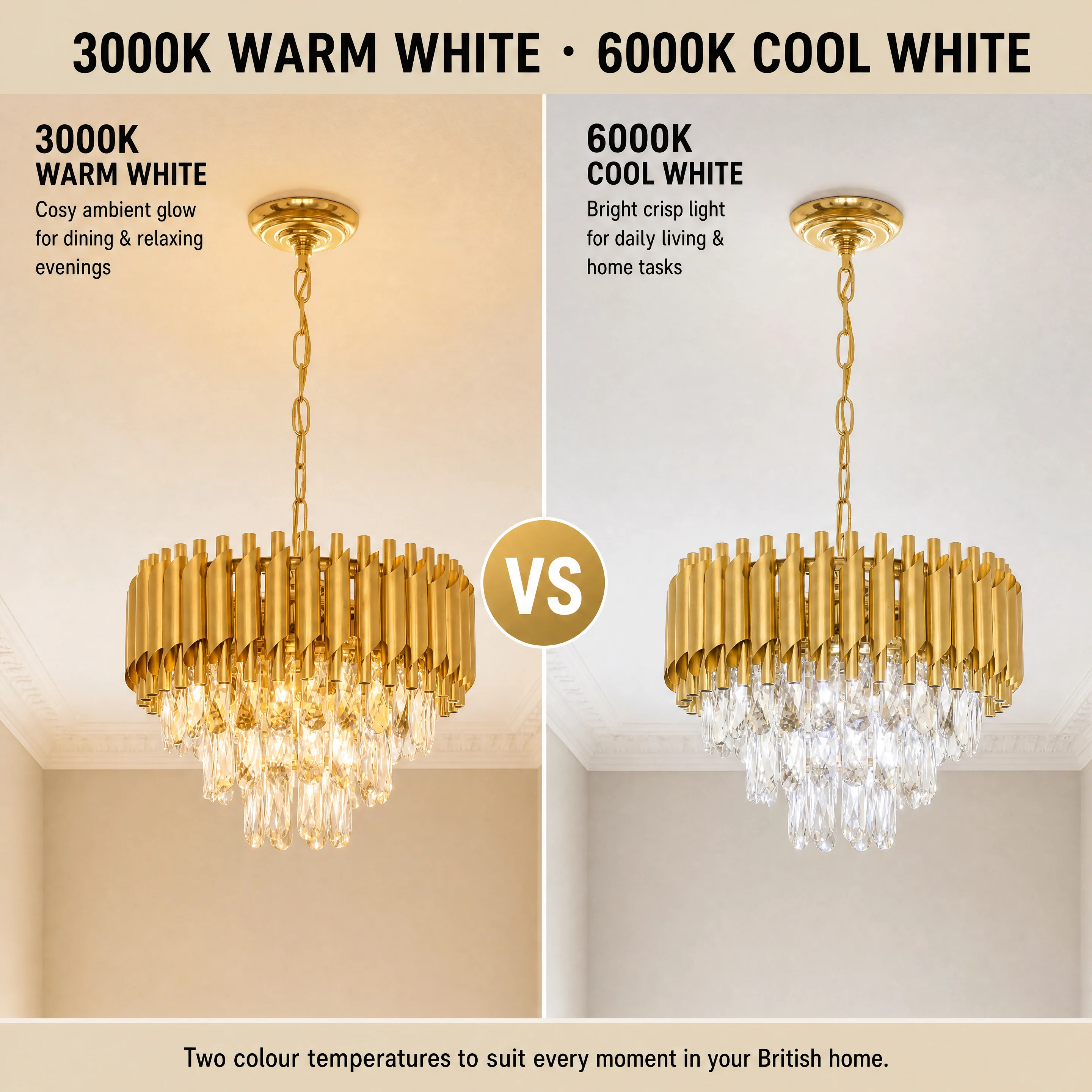 Gold Crystal Chandelier, Modern Luxury 3-Tier K9 Crystal Chandelier Light Fixture, Adjustable Chain Hanging Pendant Light for Dining Room Living Room Kitchen Island Bedroom Foyer Entryway Hallway