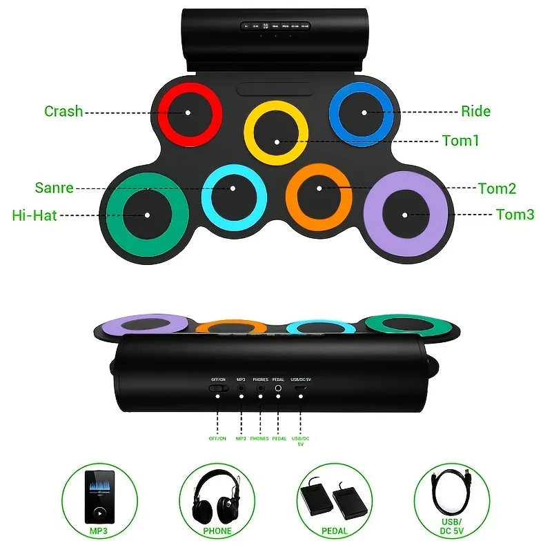 Bateria Eletronica,Portable 7 Pad Roll-Up Electronic Drum,Practice Kit,with Headphone Jack Built-in Speaker Pedal/Stick/Foldable