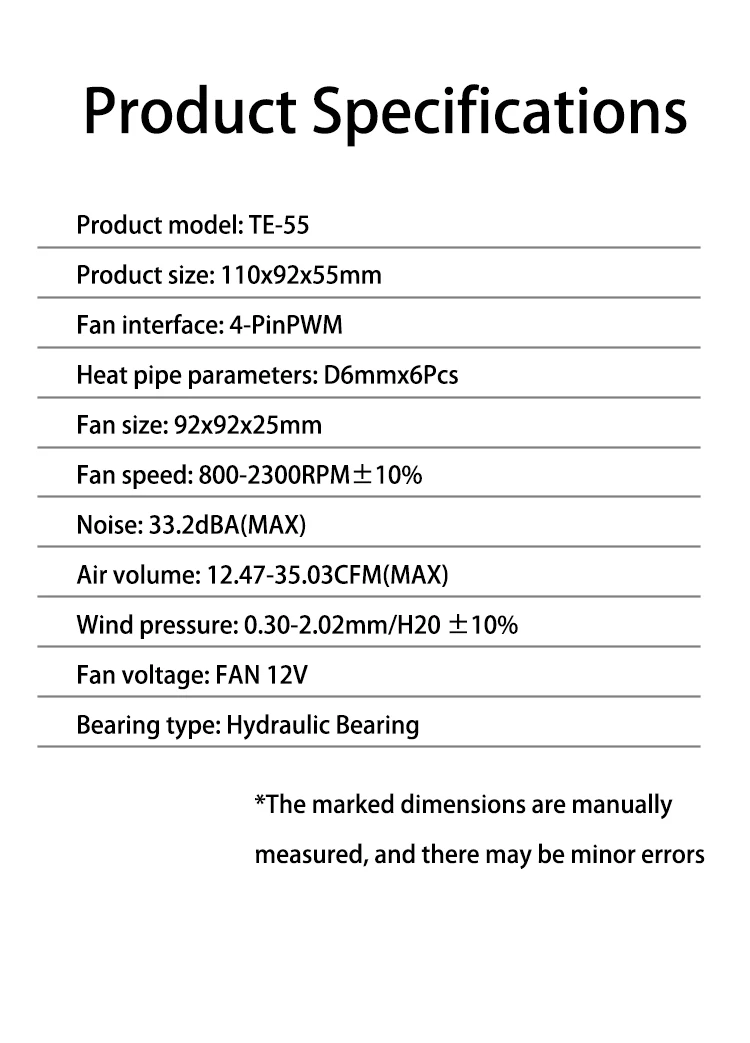 TE-55 Low Profile CPU Cooler 6 Heat-Pipes CPU Air Cooler with 15mm Thickness Sli