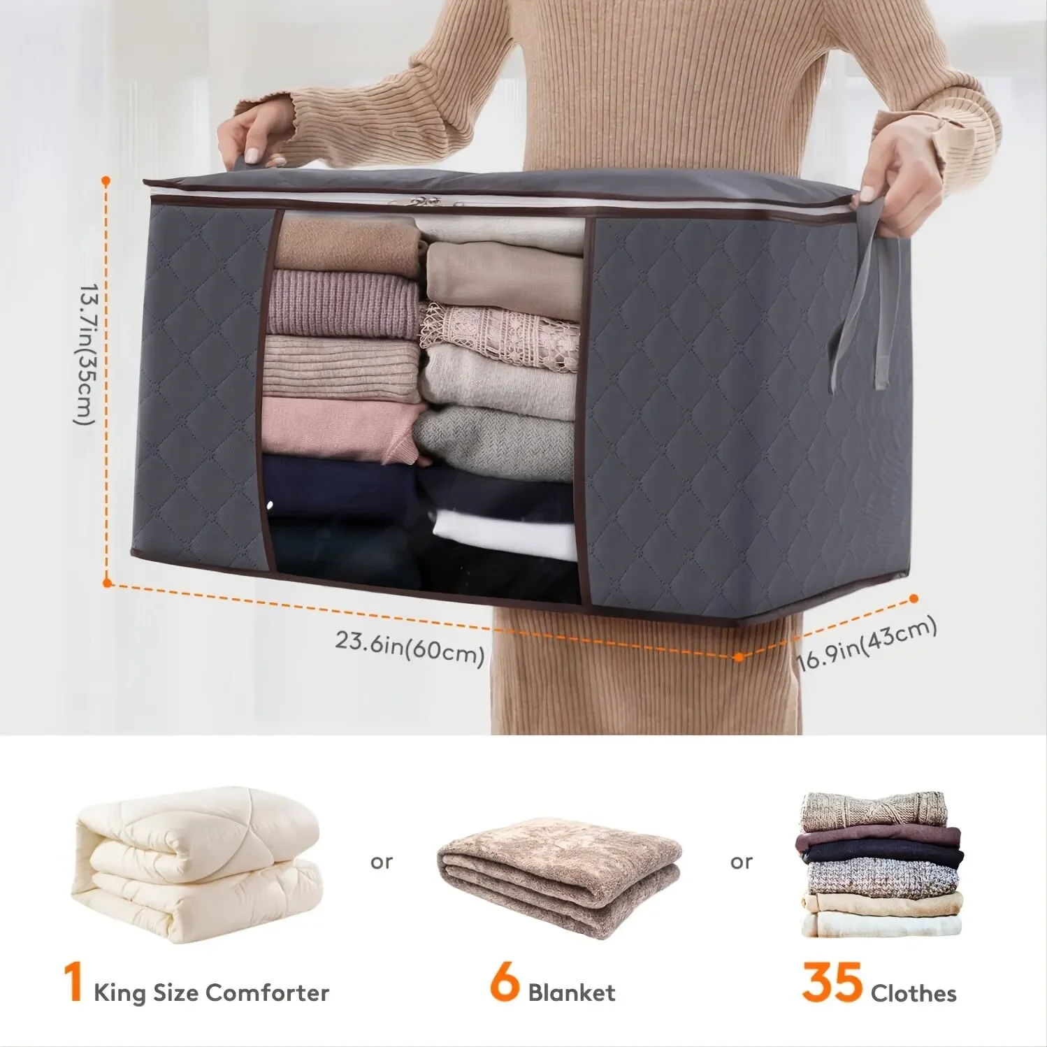 3pcs/6pcs Large Capacity Clothes Storage Bag Organizer With Reinforced Handle For Blanket Comforters Bed Sheets Pillows Toy 5
