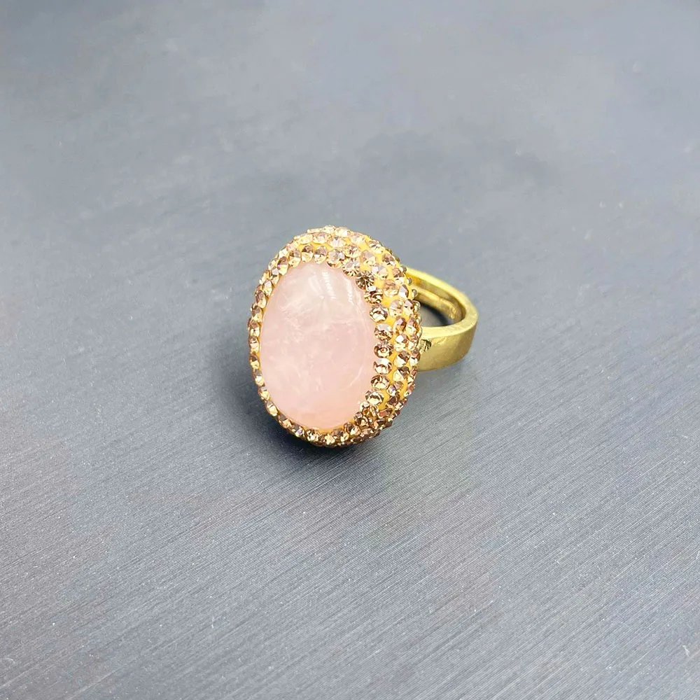 

ZHEN-D Jewelry Natural Stone Sweetheart Pink Quartz Crystal Rhinestones Finger Ring Adjustable Party Brilliant Gift for Women