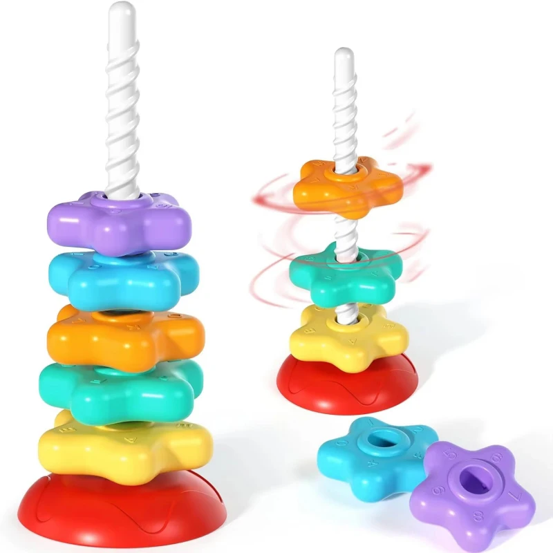 Educational Toys Stacking Puzzle Toys Stacking Toys Montessori Rotating Rainbow Tower Baby stacking Puzzle Toy Develop Motor Skills Game Children Educational Sensory Stacking Tower