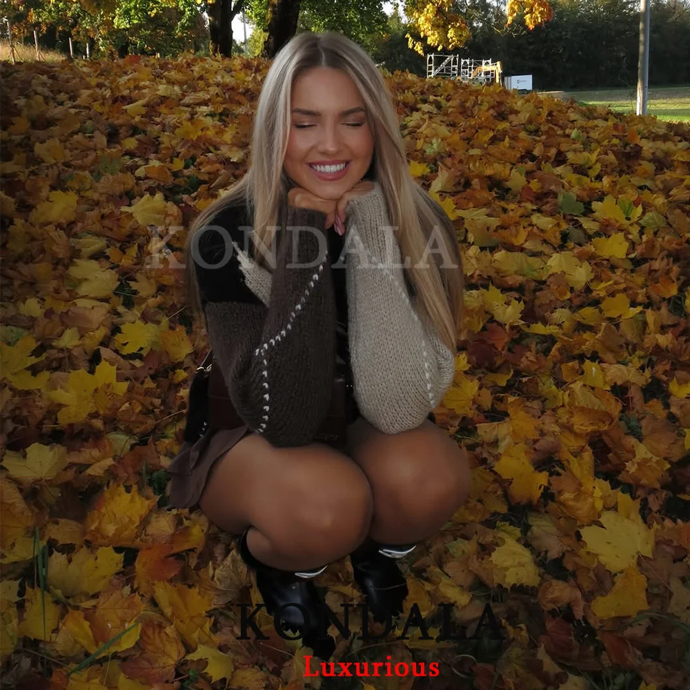 KONDALA Vintage Plaid Knit Sweaters Women Long Sleeve O Neck Loose Thick Tops Fashion 2025 Autumn Winter Thick Warm Sweaters 3