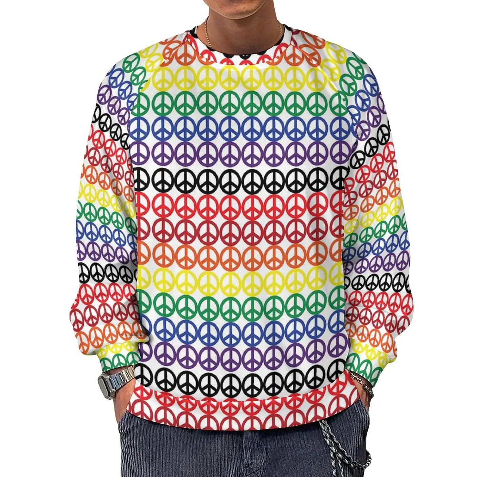 

Peace Symbol Print Streetwear Hoodies Autumn Rainbow Stripes Streetwear Sweatshirts Male Harajuku Graphic Oversized Hoodie