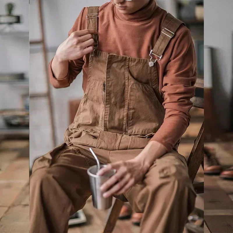 Men Retro American Cotton Overalls Bibs Loose Washing Jumpsuit Suspenders
