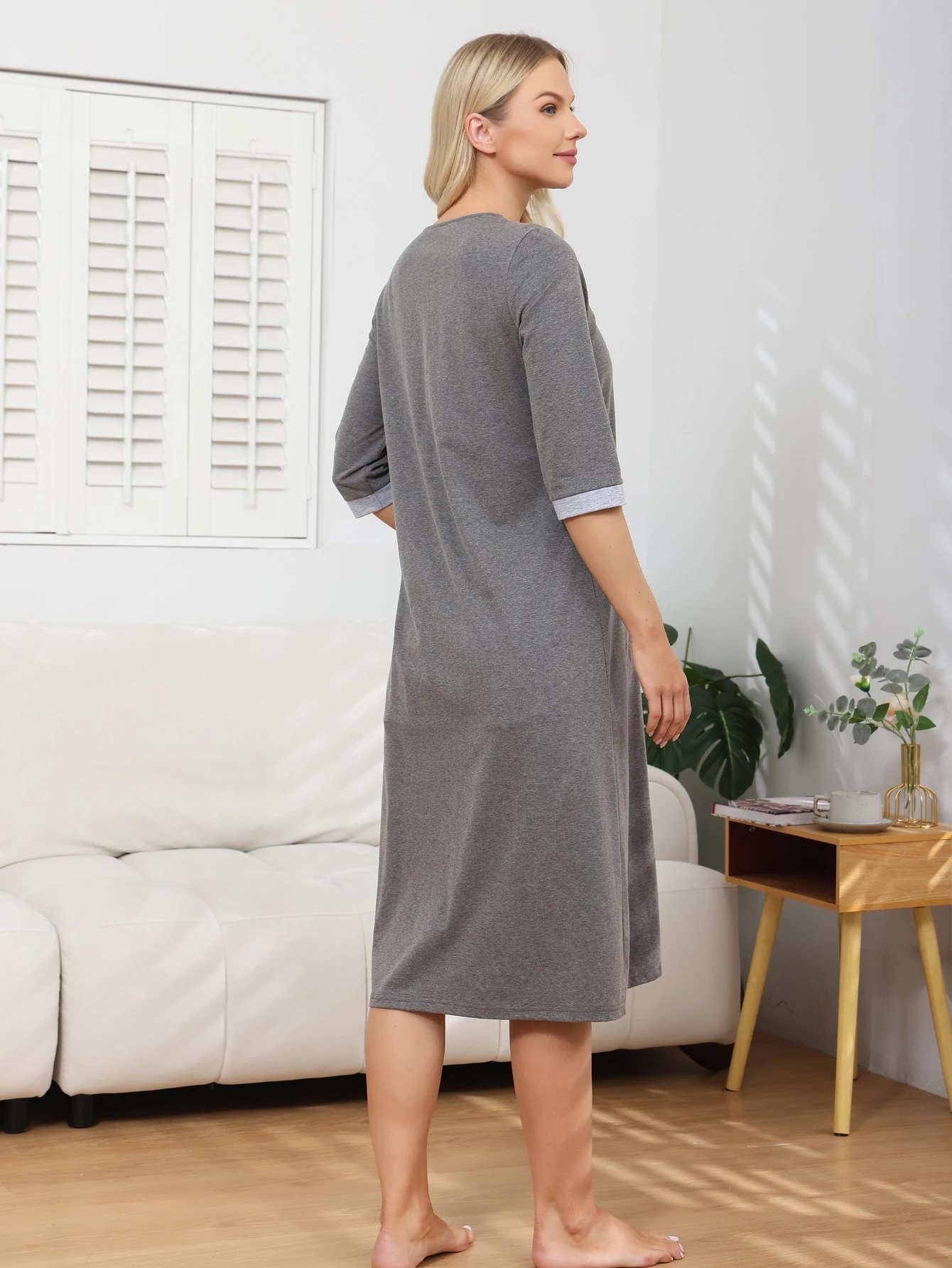 Aamikast Women's Zipper Robe 3/4 Sleeves Medium-length Loose Bathrobe Home Leisure Wear Woman Casual Sleepwear Pocket