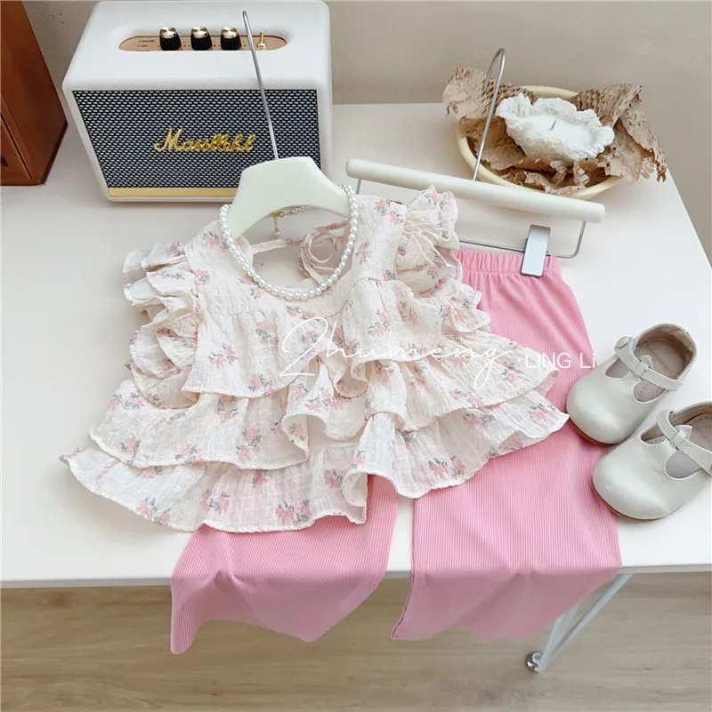 

New Summer Child Clothes Sets Sleeveless O Neck Print Floral Ruffles Pink Cute 2 Piece Sets Designer Girls Clothes Set 2-7T