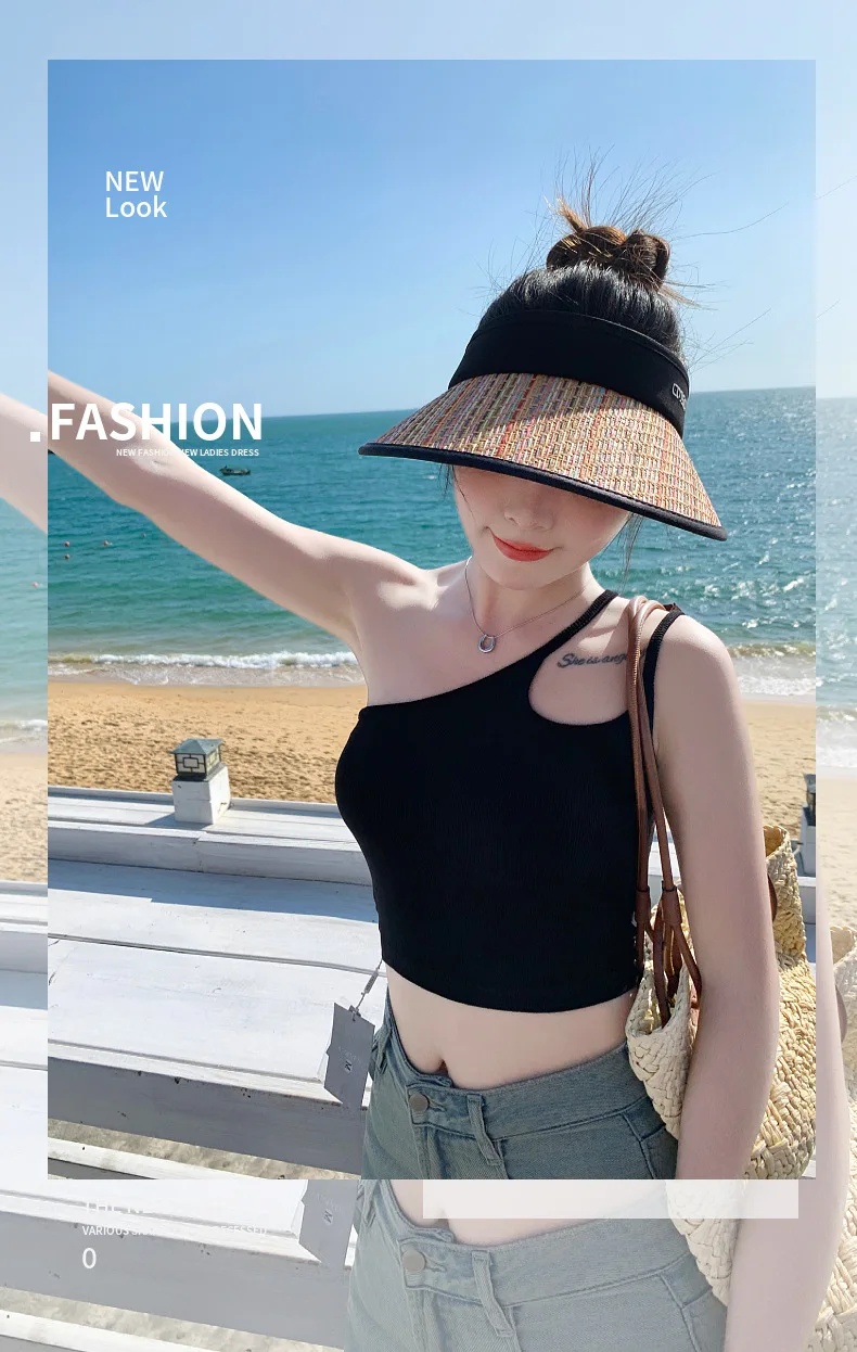 Casquette supérieure vide à rayures arc-en-ciel, nouveau Style d'été, mode polyvalente pour l'extérieur, Anti-Ultraviolet, chapeau pare-soleil à Large bord_voghion.com