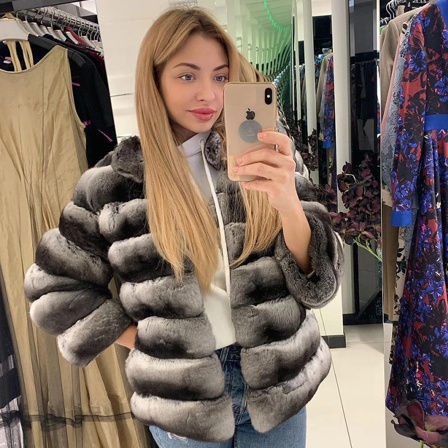 

Chinchilla Fur Coats Womens Real Rex Rabbit Fur Coat Stand Collar Luxury Brand Natural Short Fur Jackets