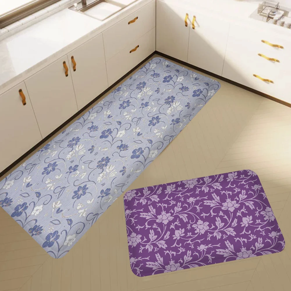 

Purple Flower Pattern Bathroom Mat Anti-slip Absorb Water Long Strip Cushion Bedroon Mat Welcome Doormat