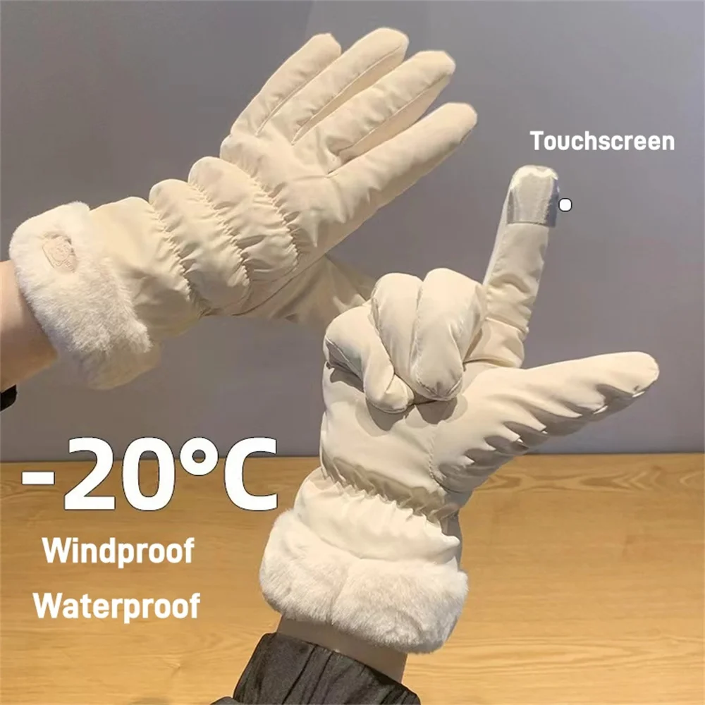 Winter Gloves Sport Gloves Ski Women Winter Fleece Thickened Warm Plush Cotton Waterproof Touch-Screen For Outdoor Riding Mountaineering