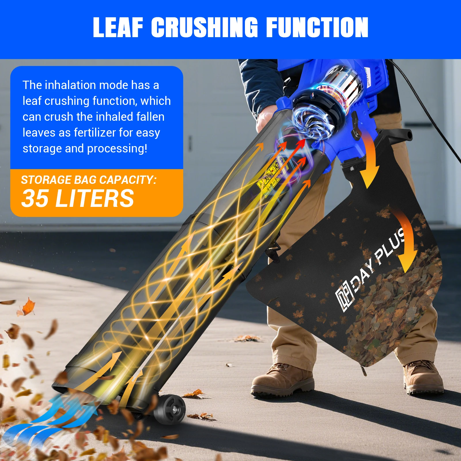 Powerful 5000W Garden Electric Leaf Blower & Vacuum 3 in 1 Leaf Blower 35L Leaf Collection Bag,6 Speeds for Home Garden