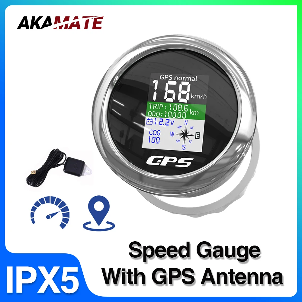 Boat GPS Speedometer Marine Odometer Digital Screen with GPS Antenna Waterproof for Yacht Car Motor 12V Voltmeter 85mm Black