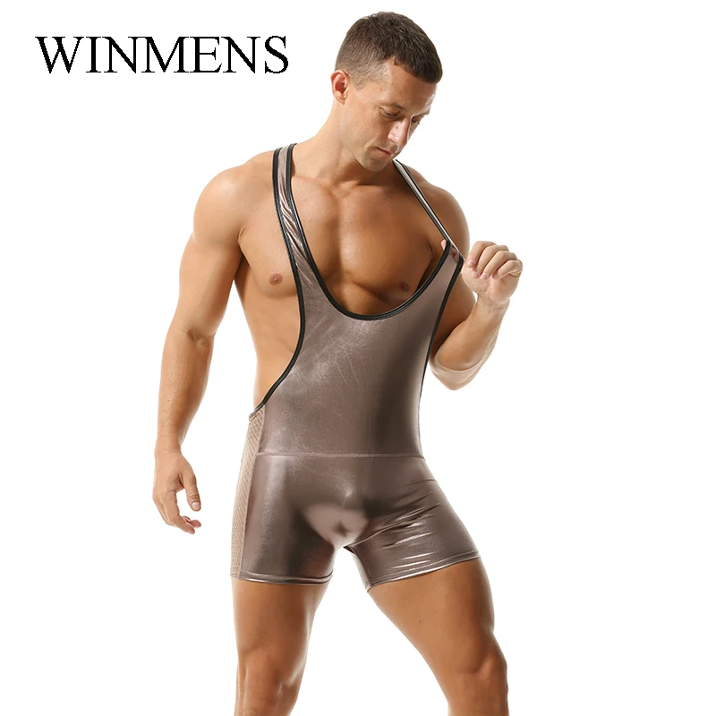 Men's Shiny Jumpsuit Splicing Imitation Leather and Mesh Elastic One Piece Underwear Halter Sleeveless Low-necked Costume