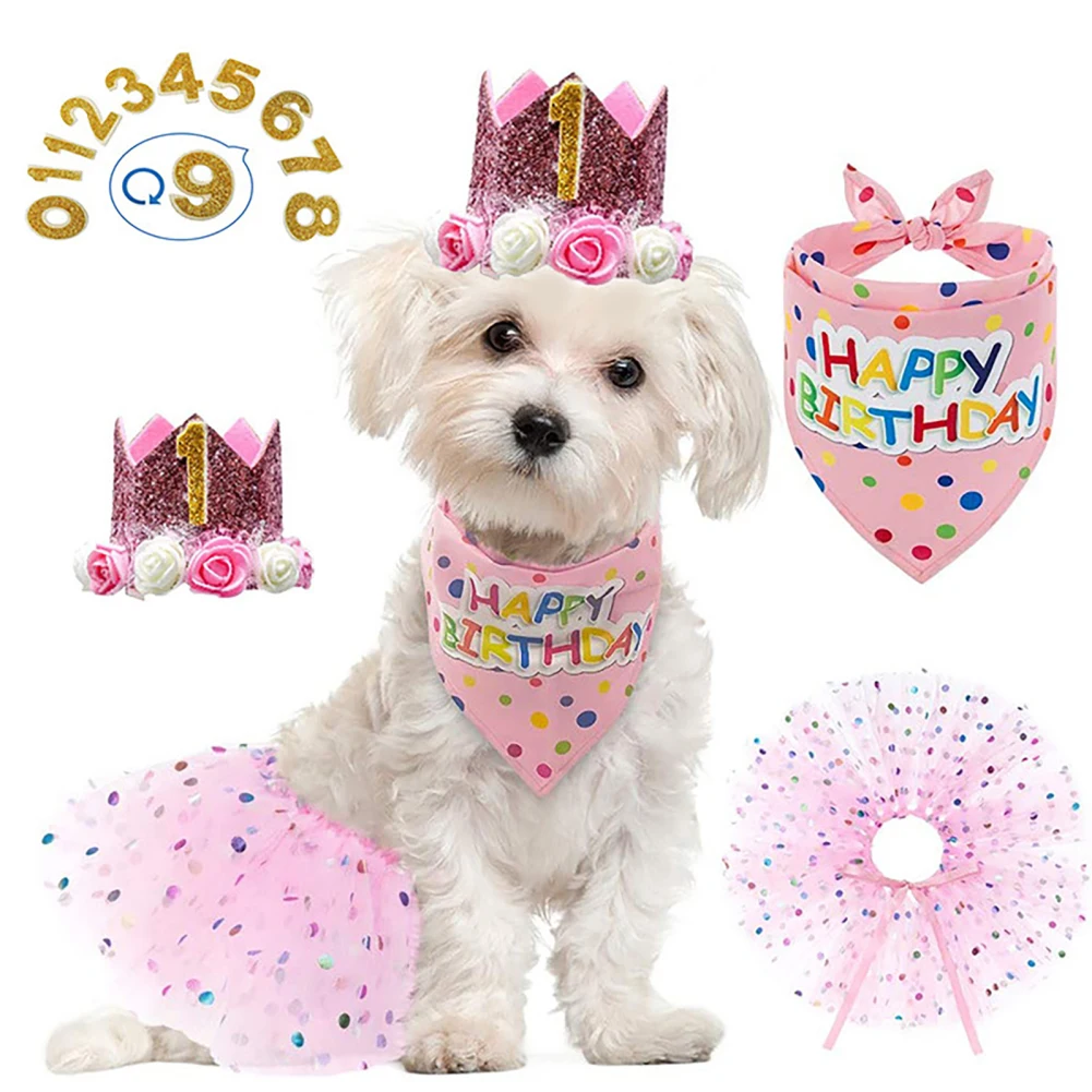 Dog Birthday Party Supplies Crown Hat Scarf Tutu Skirt Set With 0-8 Numbers For Dog Puppy Birthday Outfit Wholesale