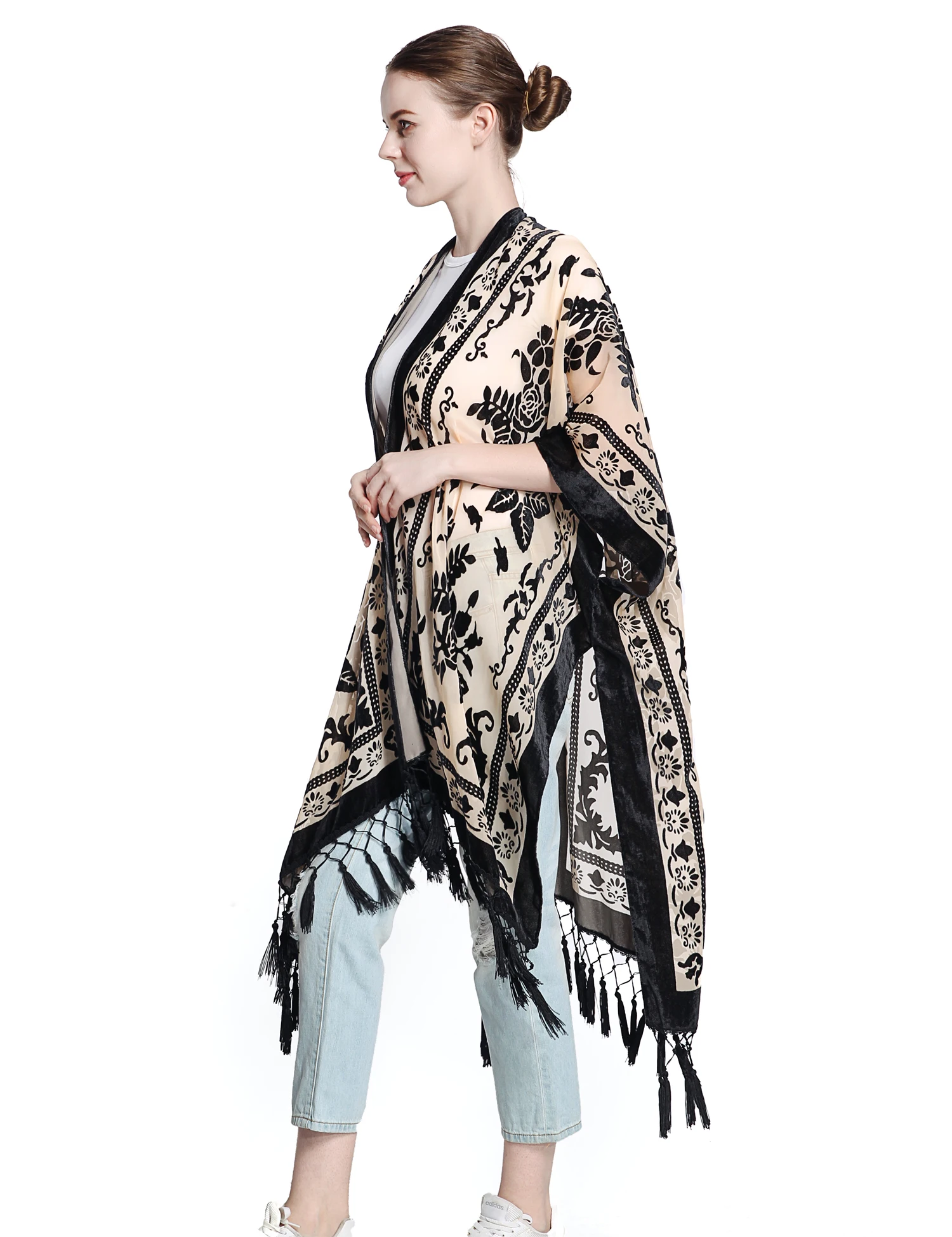 WeHello Women's Burnout Velvet Kimono Bohemian Long Cardigan with Tassel Beach Cover-up Holiday Casual Cardigan Shawl JYPF-1 4