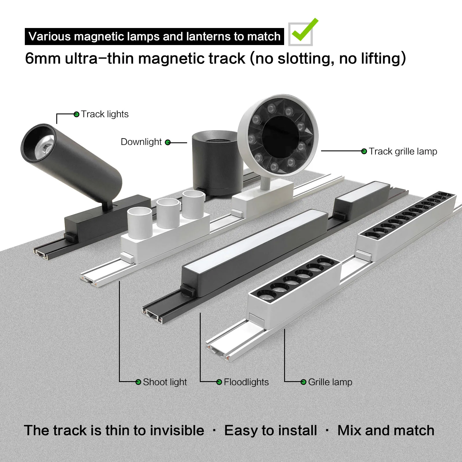 새로운 6mm 울트라 얇은 자기 트랙 조명 디밍 가능 DC48V Led 천장 조명 레일 조명 스포트라이트 Led 조명 표면 장착 시스템 조합 검정 흰색 현대 그릴 홍수 내장형 선형 고정 장치 실내 생활 알루미