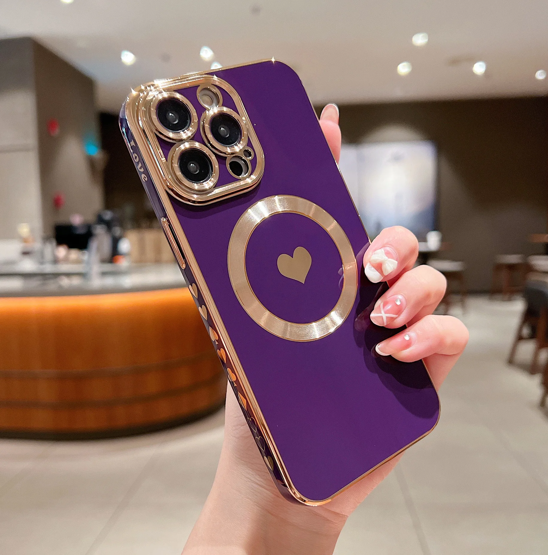 Stylish Magnetic Case for Apple iPhone 15 Plus Women Girls, Luxury Plating  Cute Love Heart Soft Back Cover Full Camera Lens Protection MagSafe Phone