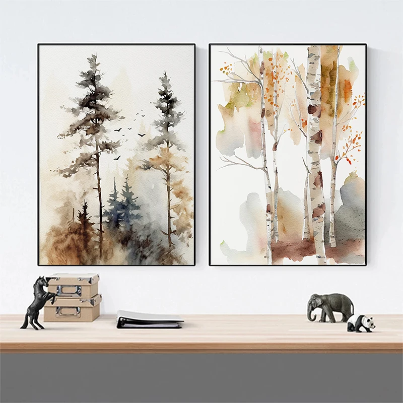세쿼이아 소나무 자작나무 수채화 식물 포스터, 캔버스 페인팅, 활기찬 감동주의 벽 예술, 그림 거실 홈 데코
