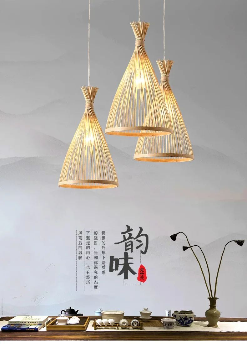 Description Picture 3 of itemBambooChandeliers Wood Base Lighting Bedroom Interior Classical Hand Woven Bamboo Pendant Light Fixture Vintage Pendant Lamp