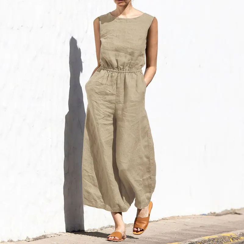 2024 New Summer Fashion Vintage Cotton Linen Sleeveless Wide Leg Jumpsuits Casual Streetwear Solid Loose Pockets Rompers Outfits