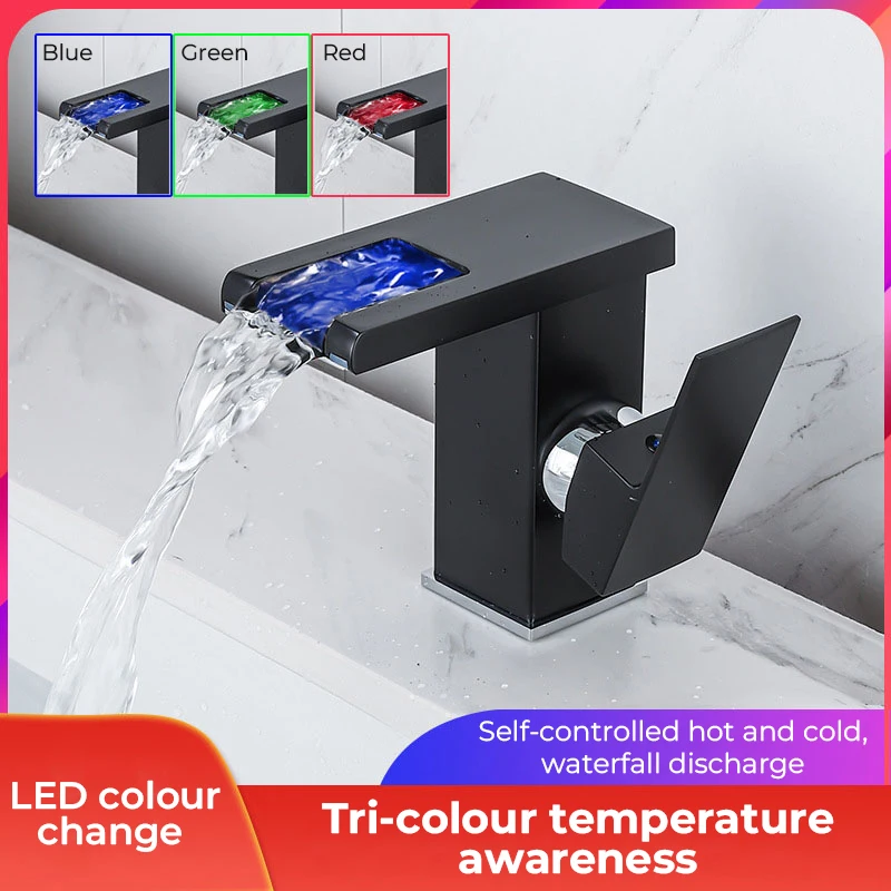 

LED Waterfall Bathroom Basin Faucet Temperature Cold Hot Water Mixer Crane Sink Tap Color Change Powered by Water Flow Faucets