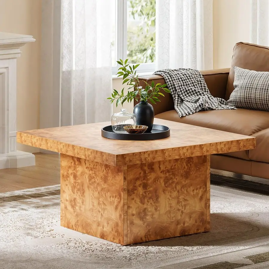 Coffee Table Square LED Coffee Table, Burl Wood Grain Tea Coffee Tables for Living Room Apartment, Modern Wooden Center Table f