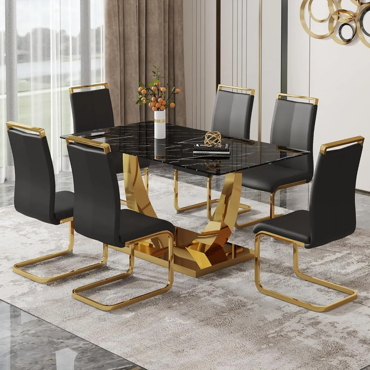 63&rdquo; Dining Room Table Set for 6 Modern Gold Dining Table Set for 6 Rectangle kitchen PU ,dining room sets