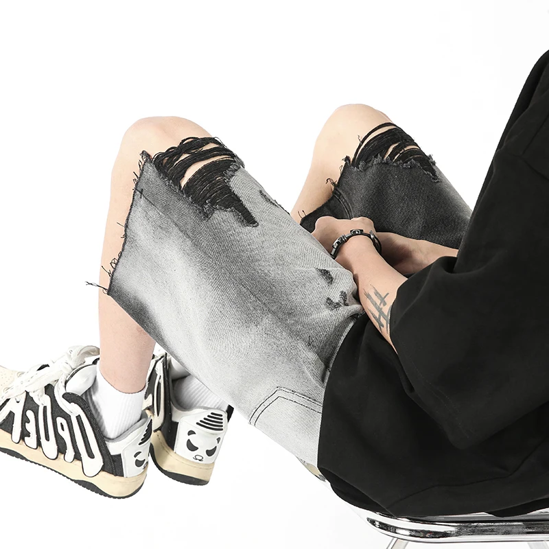 Fashion Loose Spliced Zipper Pockets Tassel Hole Korean Jeans Shorts Men's 2024 Summer New Solid Color All-match Casual Shorts