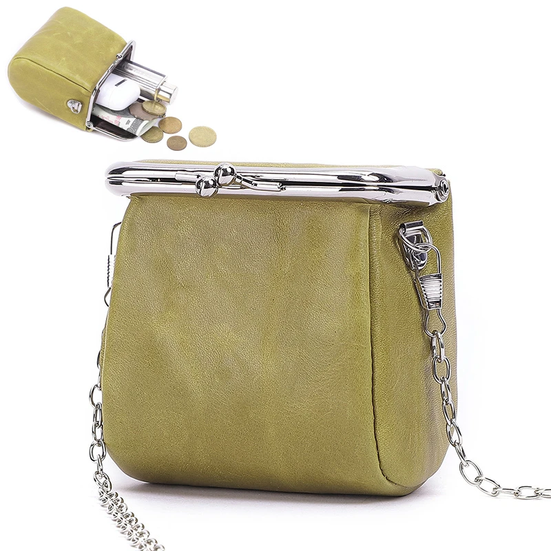 Retro Square Women Coin Purses Genuine Leather Hasp Small Wallet with Chain Key Lipstick Card Holder Female Clutch Shoulder Bag