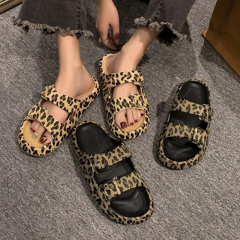 

2024 Women Leopard Print Platform Slippers Casual Thick Sole Indoor Outdoor Sandals Couples Beach Shoes Summer