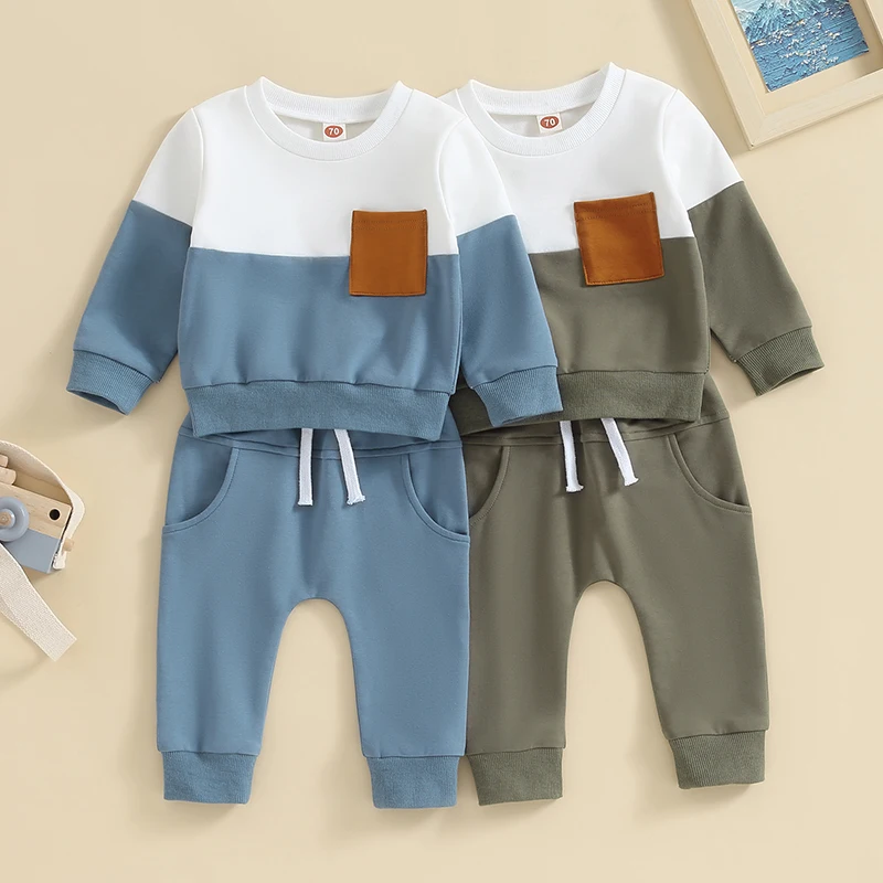 -05-19 Lioraitiin 0-3T Toddler Boys Fall Outfits Contrast Color Pocket Long Sleeve Sweatshirts Solid Long Pants Clothes Set