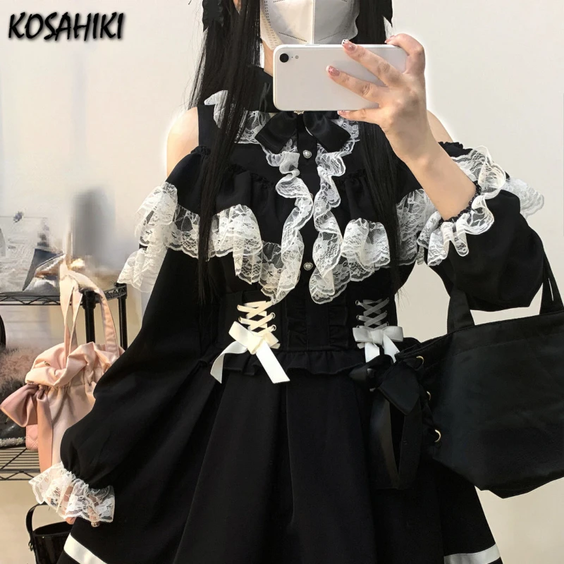 Kawaii Lolita Lace Blouse – Y2K Grunge Bow Shirt with Heart Buttons