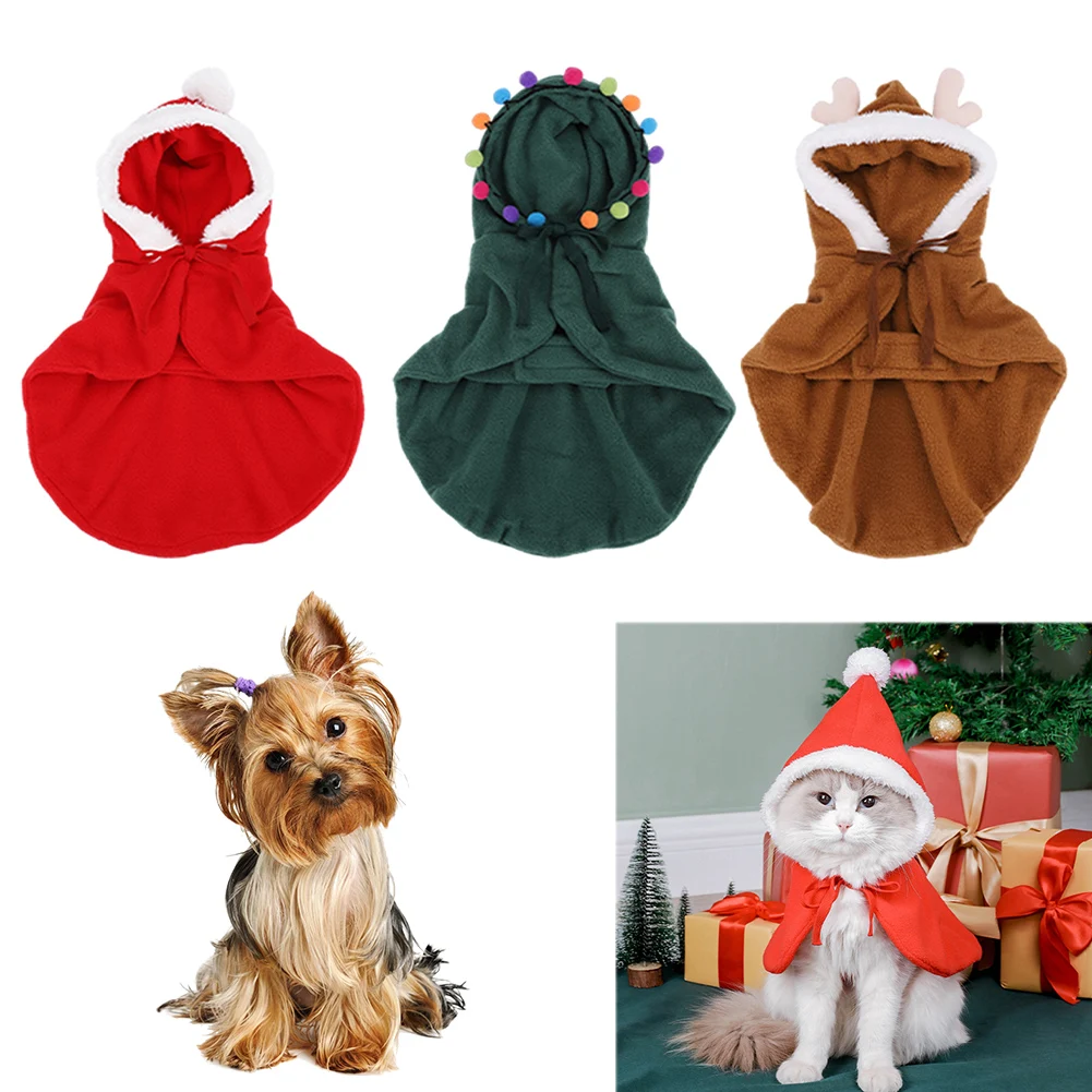 크리스마스 고양이 의상 애완동물 후드 망토 폼폼 장식 강아지 망토 귀여운 고양..