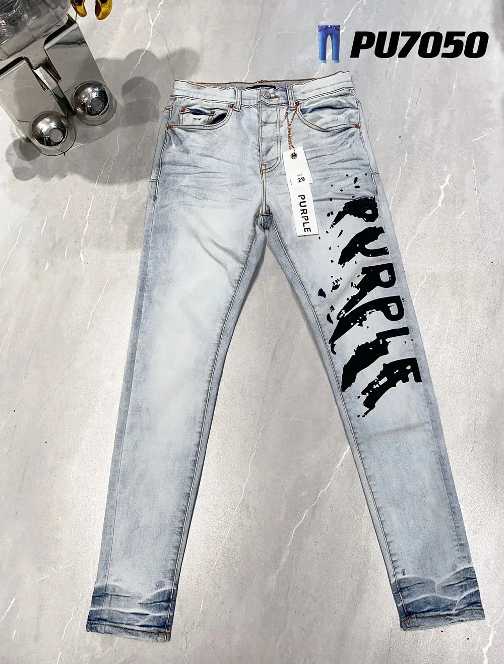 

2023 New Purple Jeans Men With Tag Printed High Street Slim Hip Hop Denim Jeans Skinny Designer Brand Long Pants Light Blue