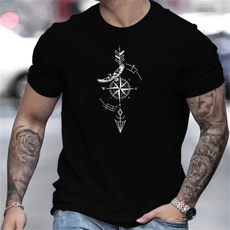 2024 New Men's T-shirt Compass Printed Comfortable and Breathable Pullover Summer Fashion Sports Leisure O-Neck Short Sleeve Top
