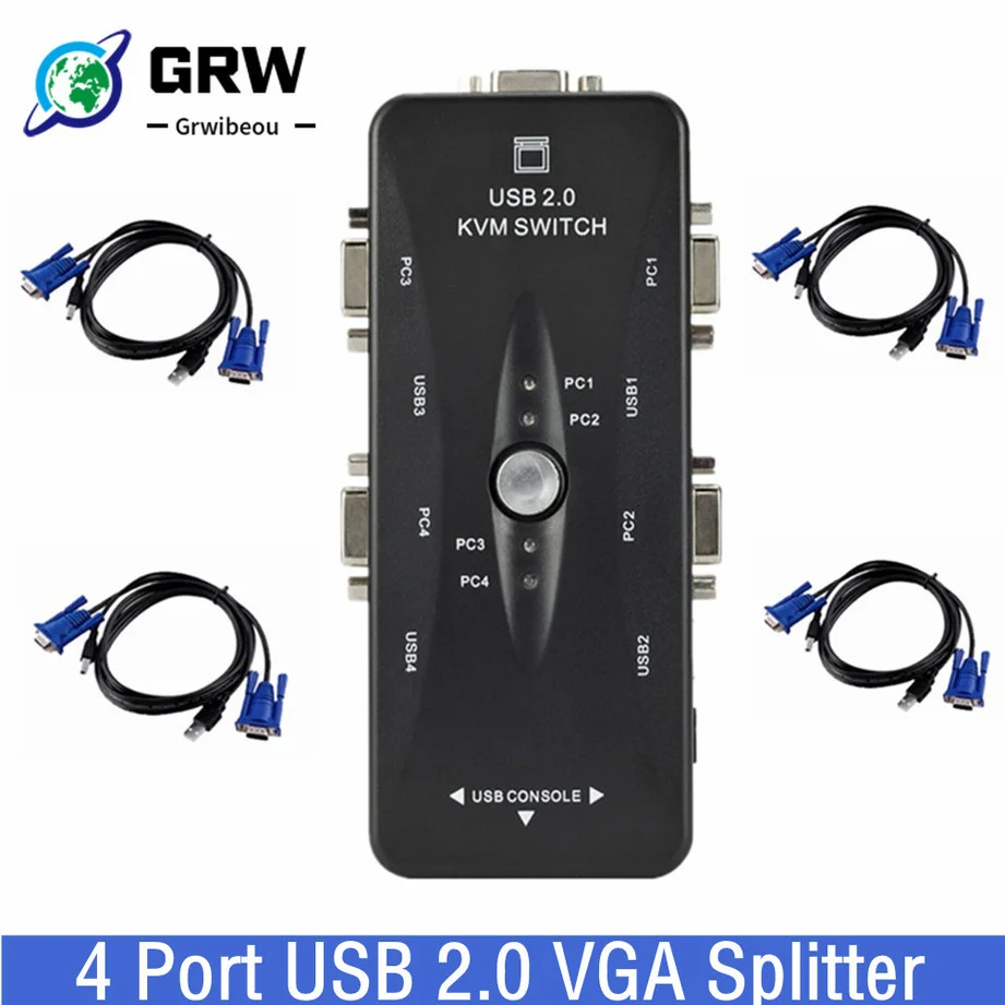4 Port Kvm Switch USB 2.0 VGA Splitter Printer Mouse Keyboard Pendrive Share Switcher 1920*1440 VGA Switch Box Adapter vga kvm switch