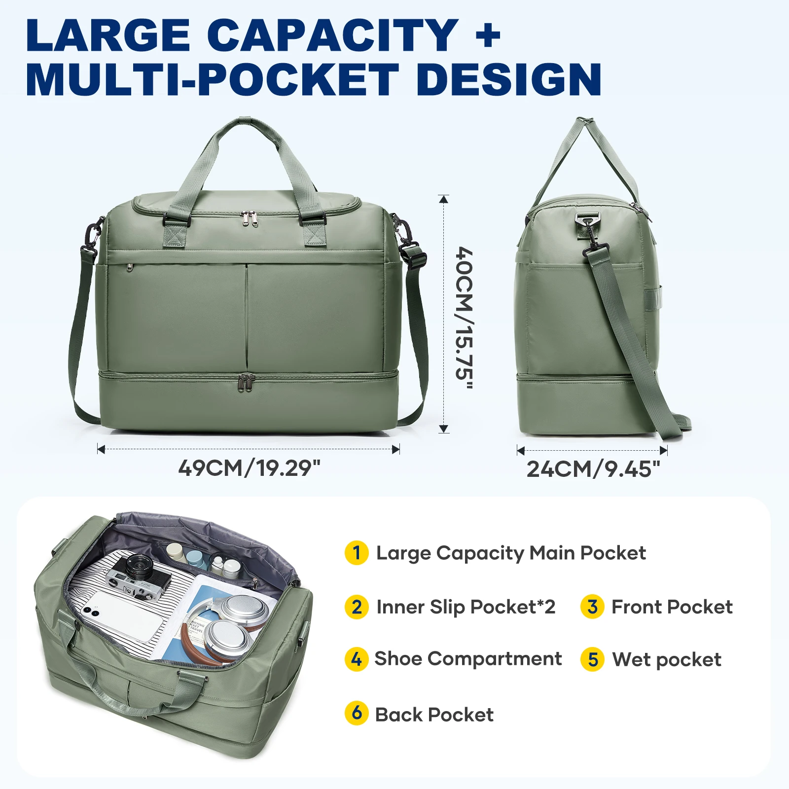 Borsa da Viaggio Grande, Borsa da Trasporto con Scomparto per Scarpe, Borse da Weekend per Donne, per Viaggi, Lavoro, Sport, Ospedale - immagine 2