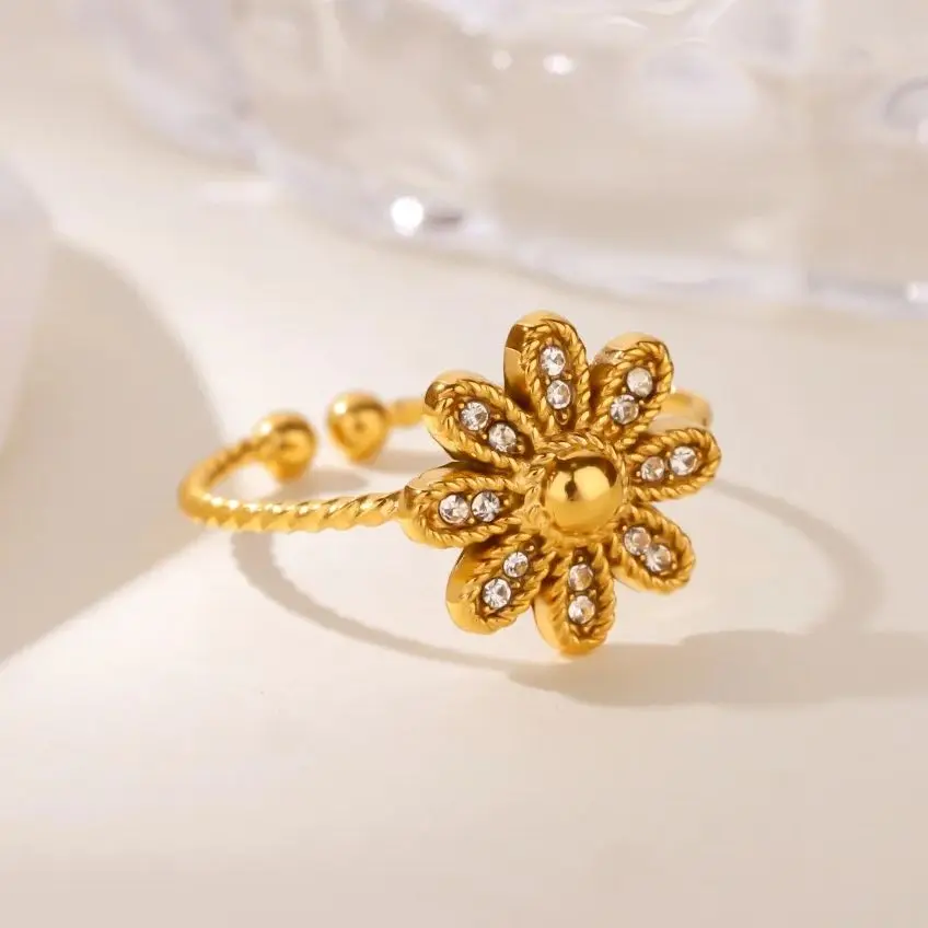 Zircon Flower Rings For Women Gold Stainless Steel