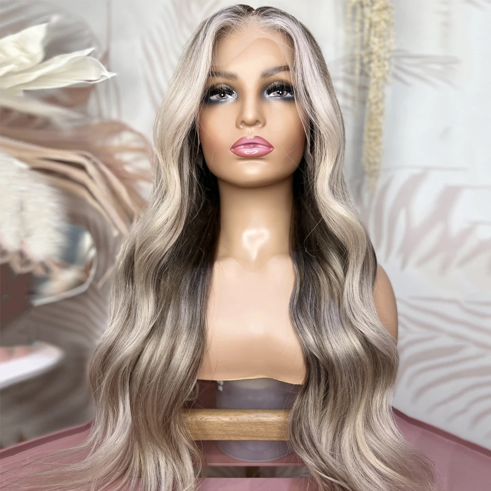 

Hd Long Natural Wave Ash Platinum Blonde Highlight Ombre Full Lace Wig Human Hair Remy Hair 28 Inches Glueless For Women 180%