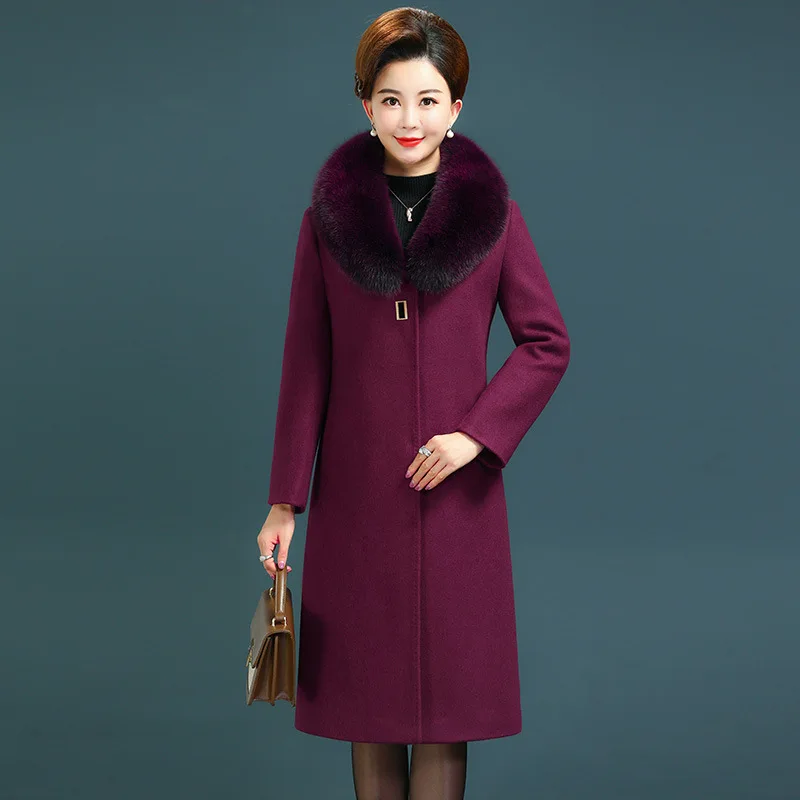 2023 Winter New Middle-Aged Lady Temperament Woolen Coat Women Long Below The Knee Casual Warm Large Size Fur Collar Outwear