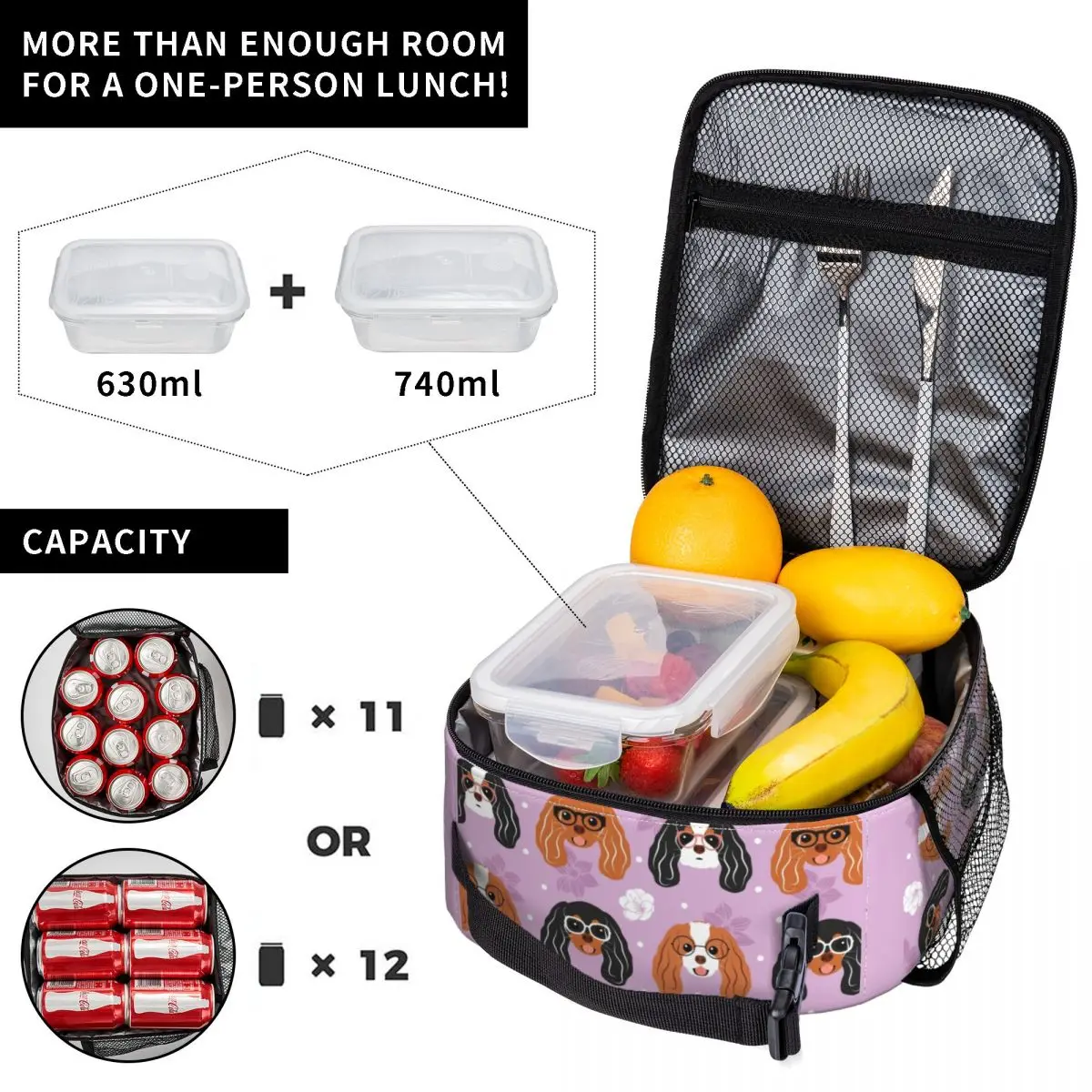 Cavalier King Charles Spaniel With Glasses Resuable Lunch Box Multifunction Dog Thermal Cooler Food Insulated Lunch Bag Kids
