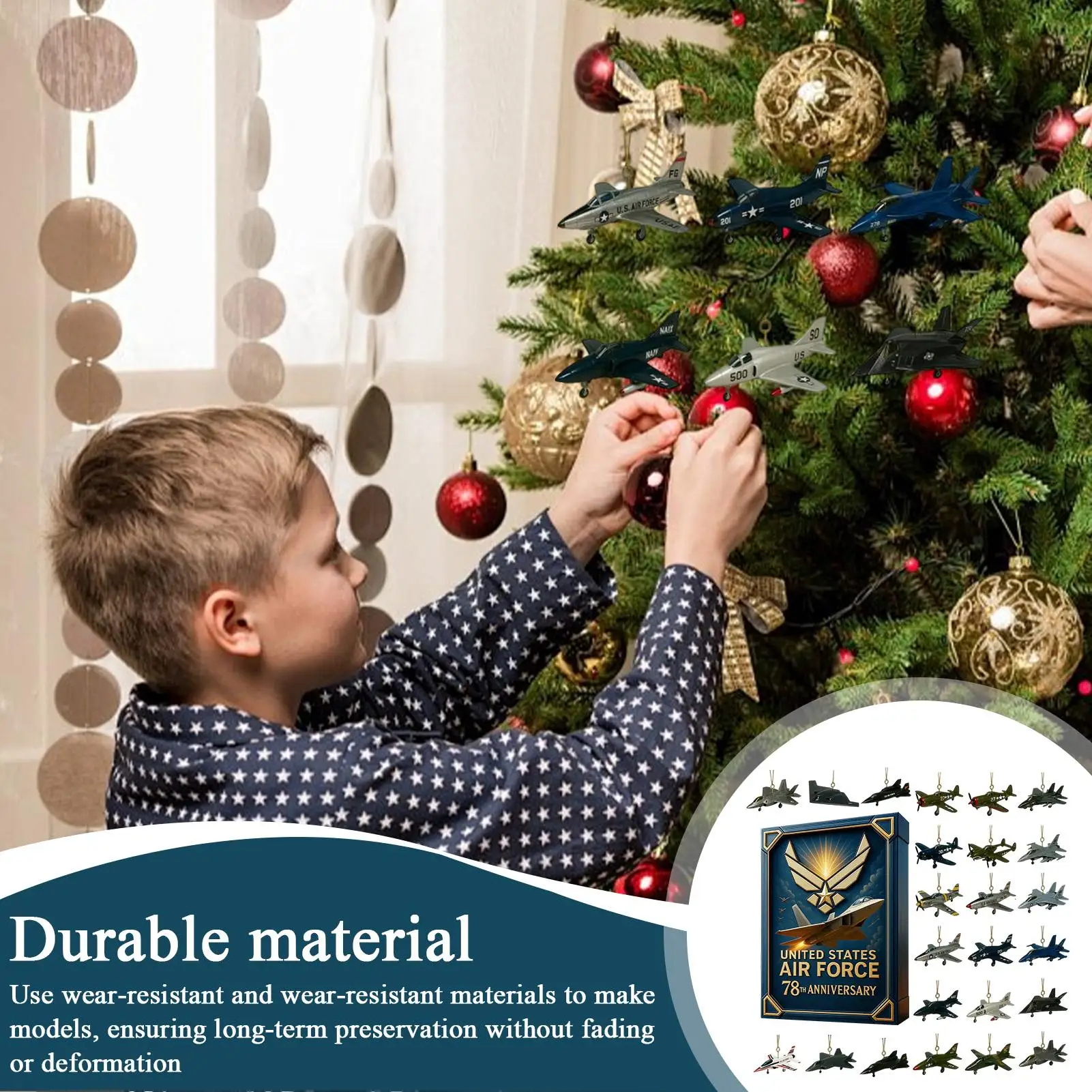 Christmas Aircraft Advent 2D Acrylic Ornaments Decor 24 Days Air Force 78th Anniversaries Tree Ornament for Aviation Enthusiasts