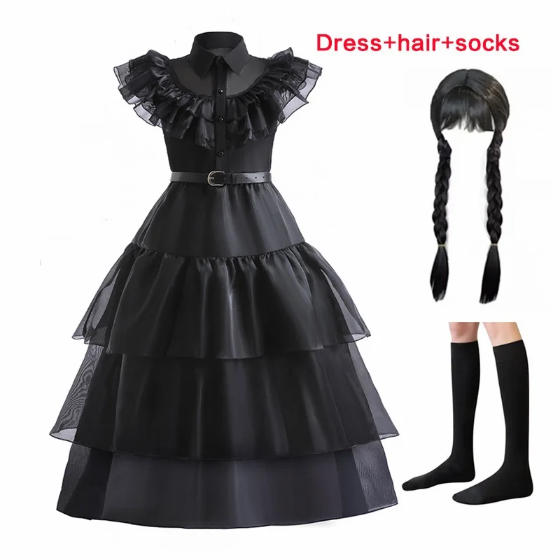 Wednesday Black Lace Halloween Dress Up Girl's Birthday Party Performance Dress New Girl Role Playing 4-12 Years Old