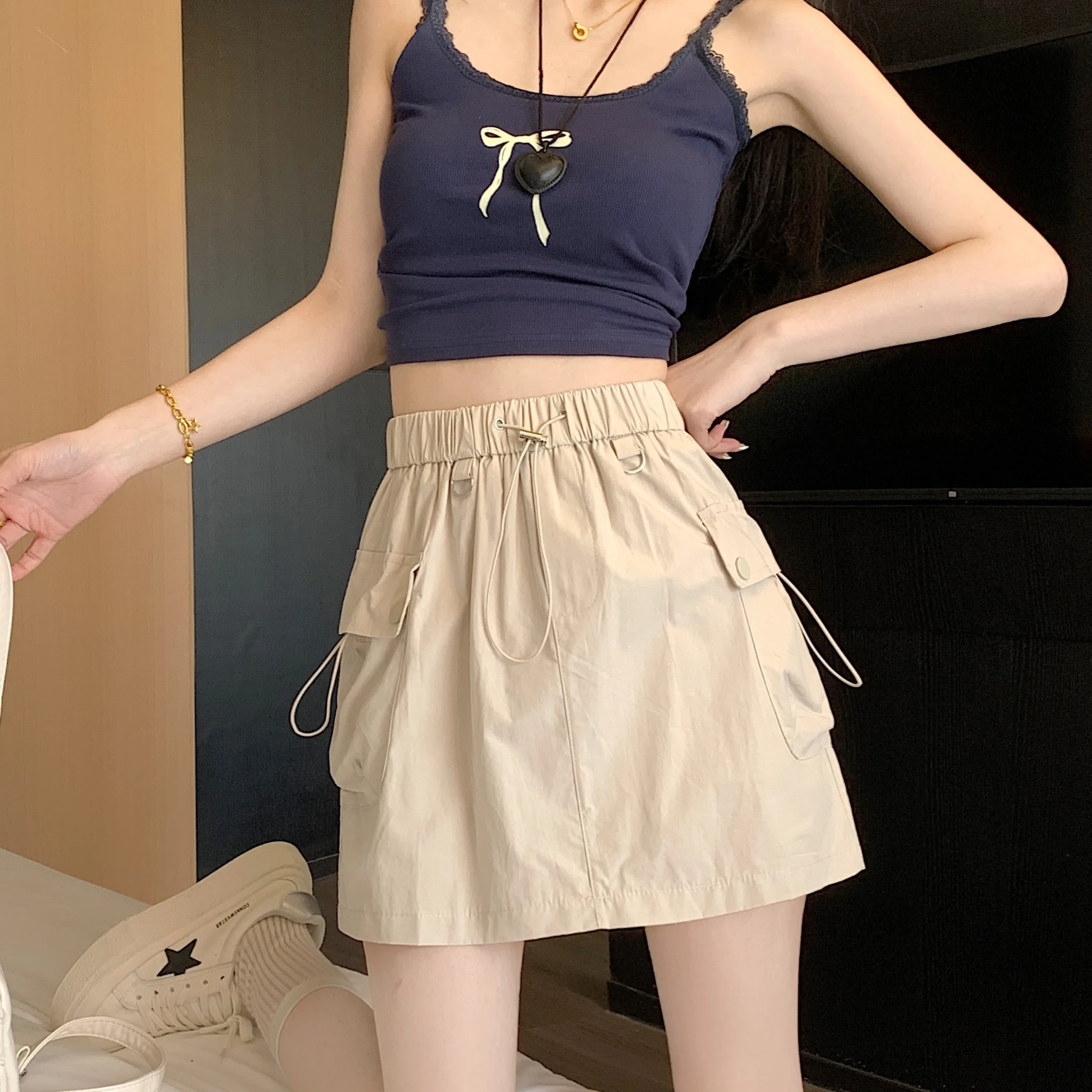 아메리칸 스타일 하이 웨이스트 a 라인 몸집이 작은 다목적 Drawstring 짧은 Skort 여성용 2024 뉴 여름 얇은 스타일 Workwear 스커트