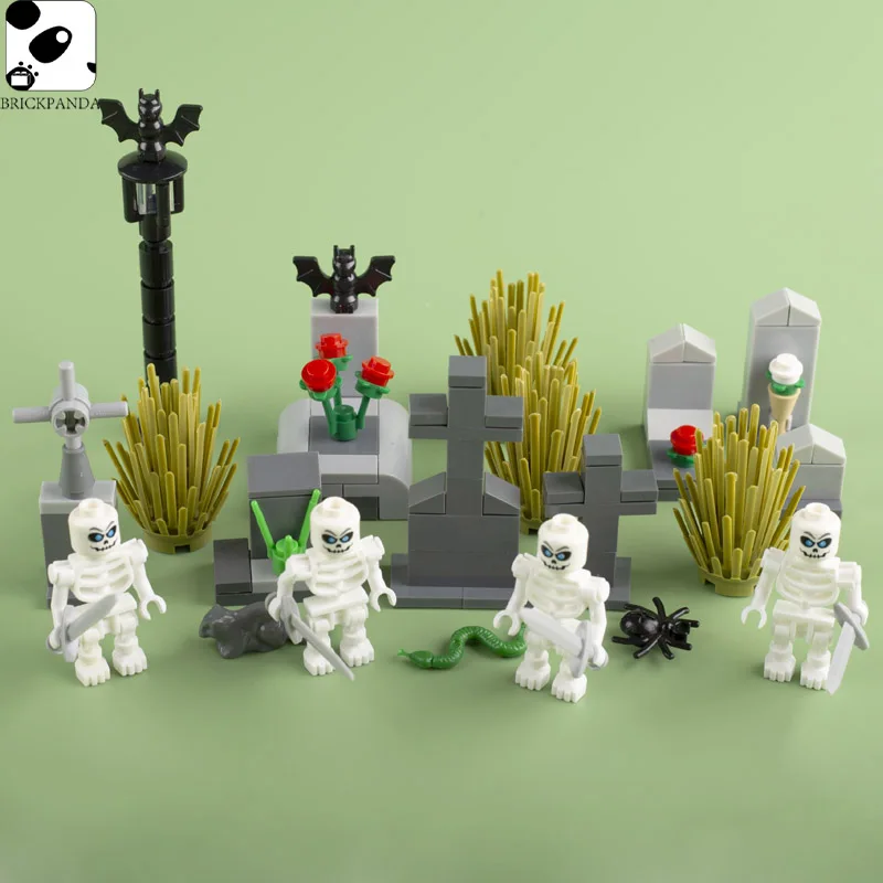 

City Street View Accessories Tombstone Building Blocks Halloween Cemetery Skeleton Figures Bat Spider Pumpkin Parts Brick Toys