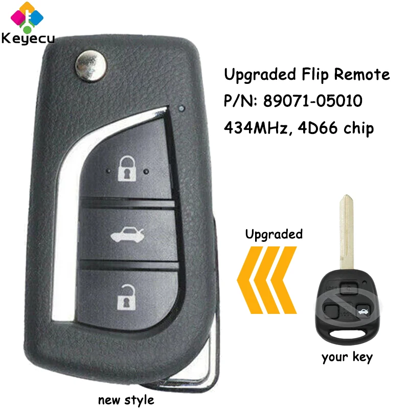 

KEYECU обновленный откидной дистанционный ключ с 3 кнопками 434 МГц 4D66 чип для Toyota Yaris Avensis Corolla Carina и т. д. Fob P/N: 89071-05010