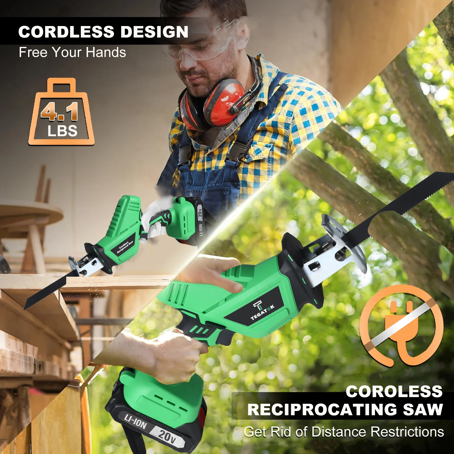 Tegatok 20V Cordless Reciprocating Saw Variable Speed 3000 RPM Tool-Free Blade Changes For Wood Metal And PVC Cutting