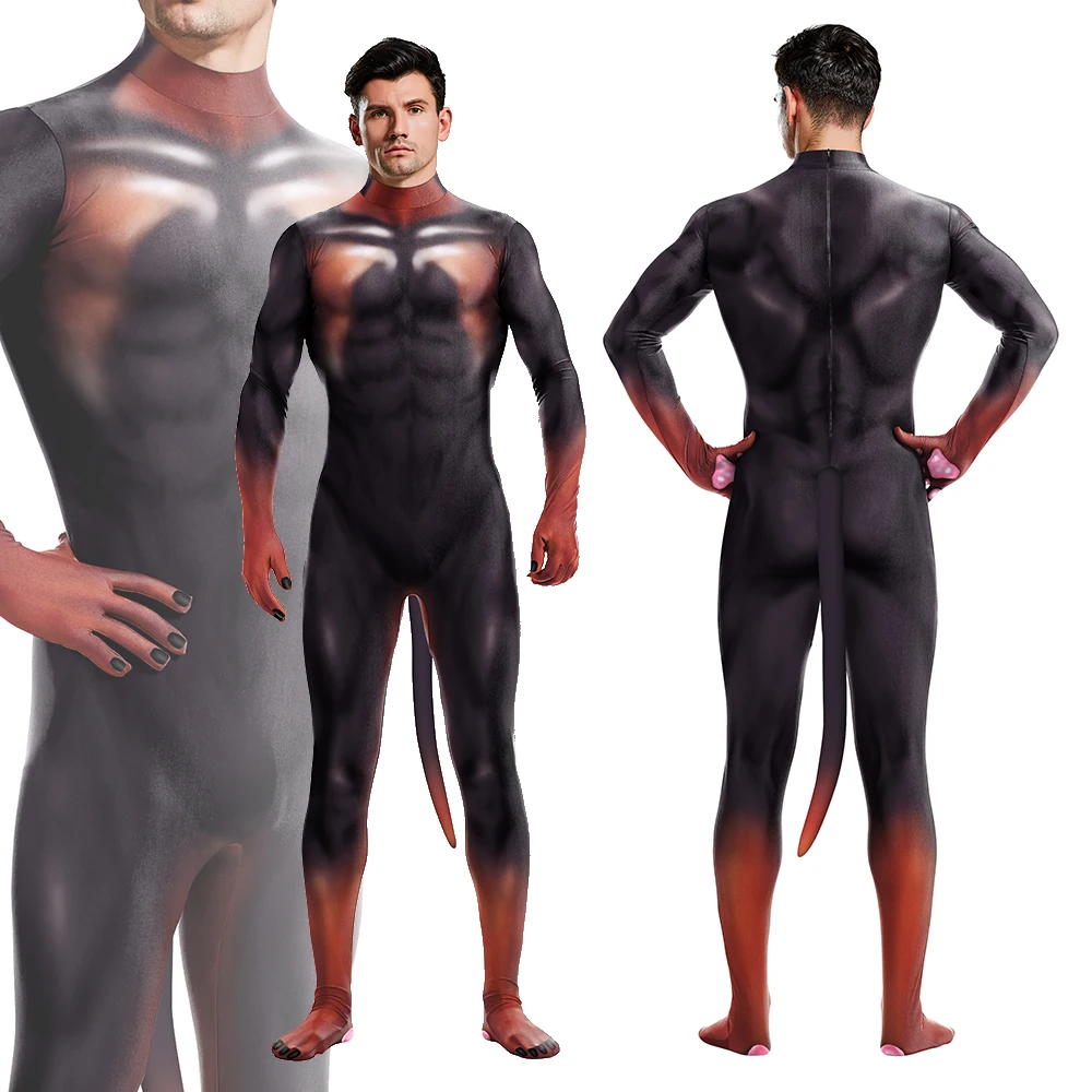 Cosplay Halloween Animal Wolf 3D Printing Petsuit With Tail Furry Costume Zipper Jumpsuit Men Zentai Bodysuit